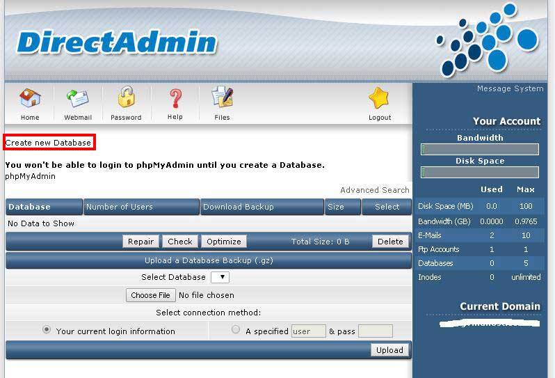 Tạo database với Direct Admin