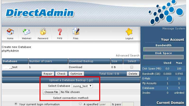 Tạo database với Direct Admin