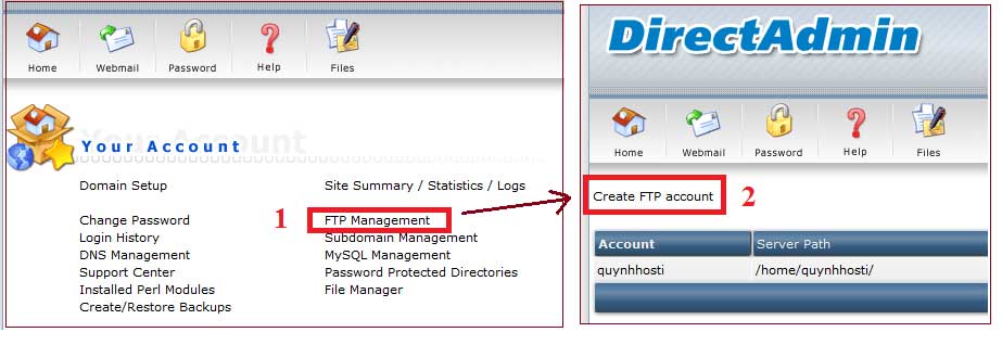 Tạo tài khoản ftp, kết nối filezilla trên Directadmin