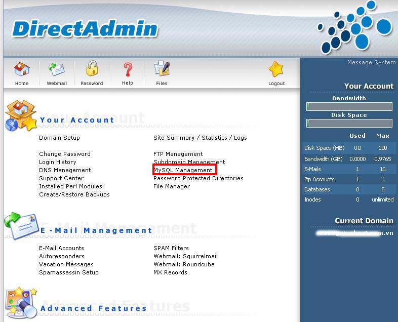 Tạo database với Direct Admin